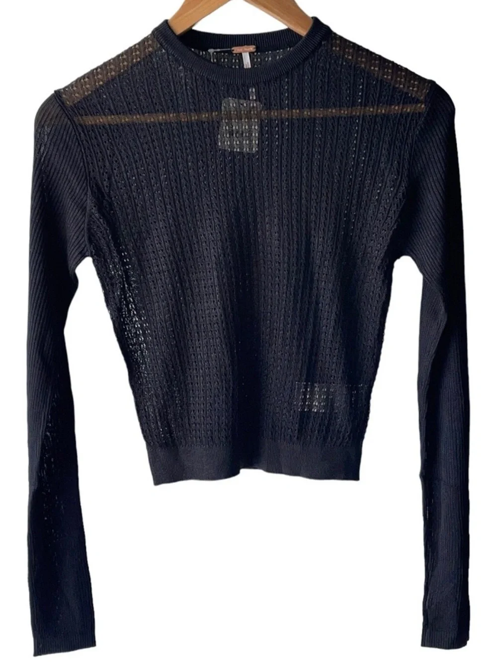Free People H2O Crew Pullover Open Knit Cropped Sweater Black Size XS